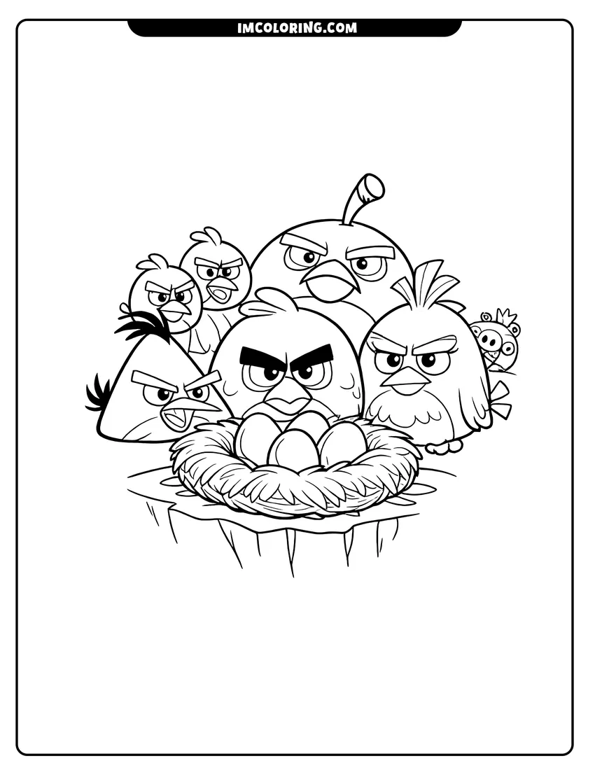 Printable outline of Flock of birds protecting eggs in a nest