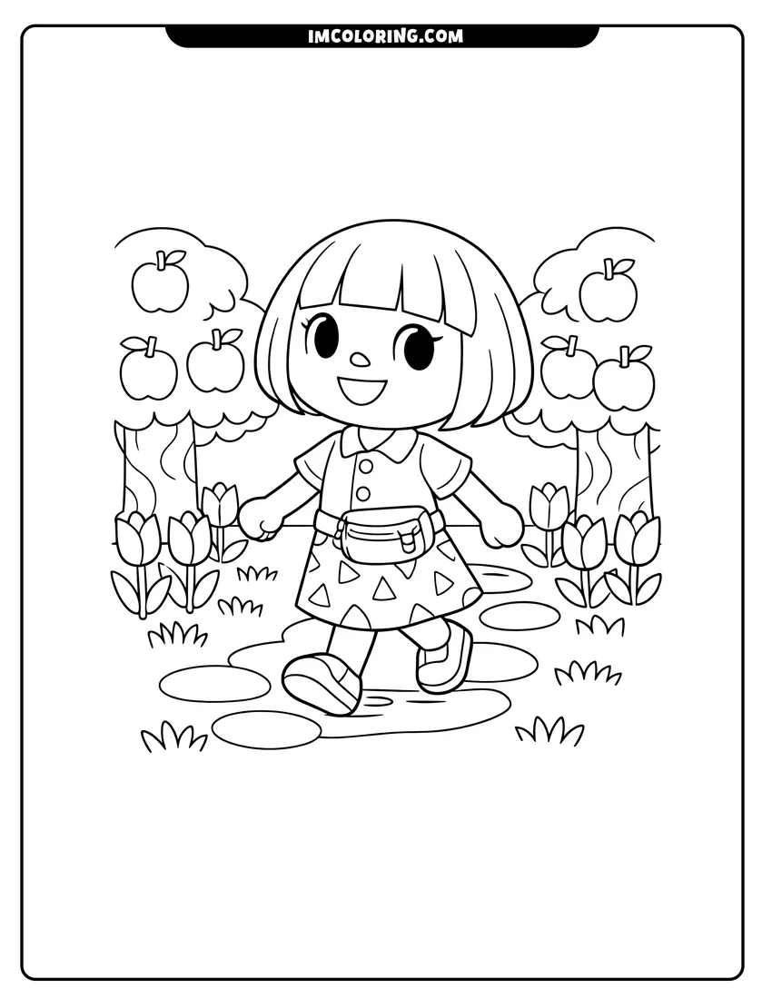 Girl villager walking through an apple orchard coloring page for preschoolers