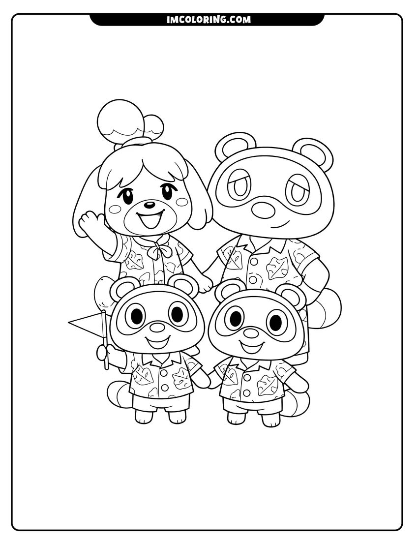Easy-to-color Isabelle waving next to Tom Nook and Nookling twins illustration