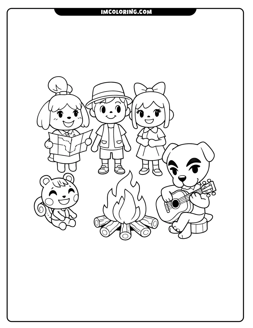 Isabelle and K.K. Slider at an island campsite drawing meant for coloring