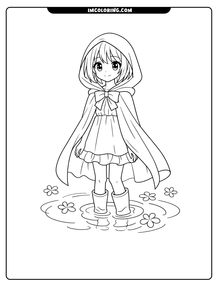 Black and white Anime girl wearing a hooded cape and dress coloring sheet