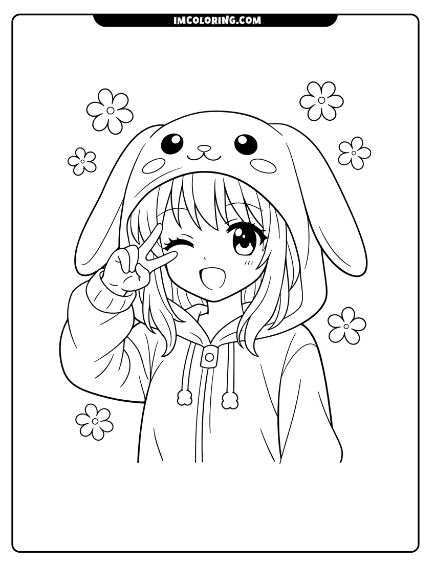 Kids activity sheet showing Anime girl in a long-eared animal onesie