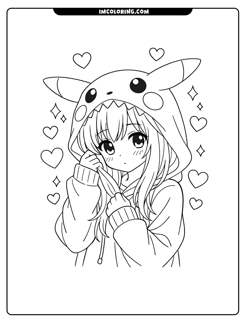 Outline of Anime girl in a monster-style hooded onesie on a white background