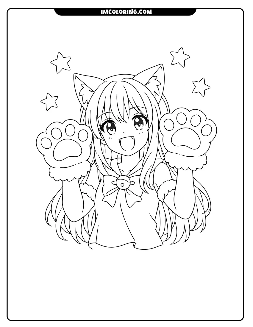Simple sketch of Anime cat girl with large paw gloves for children
