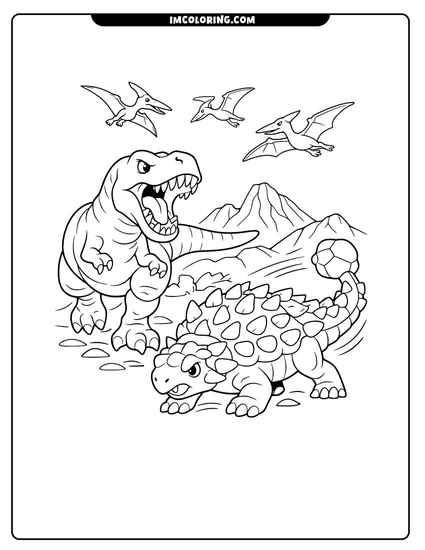 Detailed T-Rex chasing an Ankylosaurus in a rocky landscape design for coloring