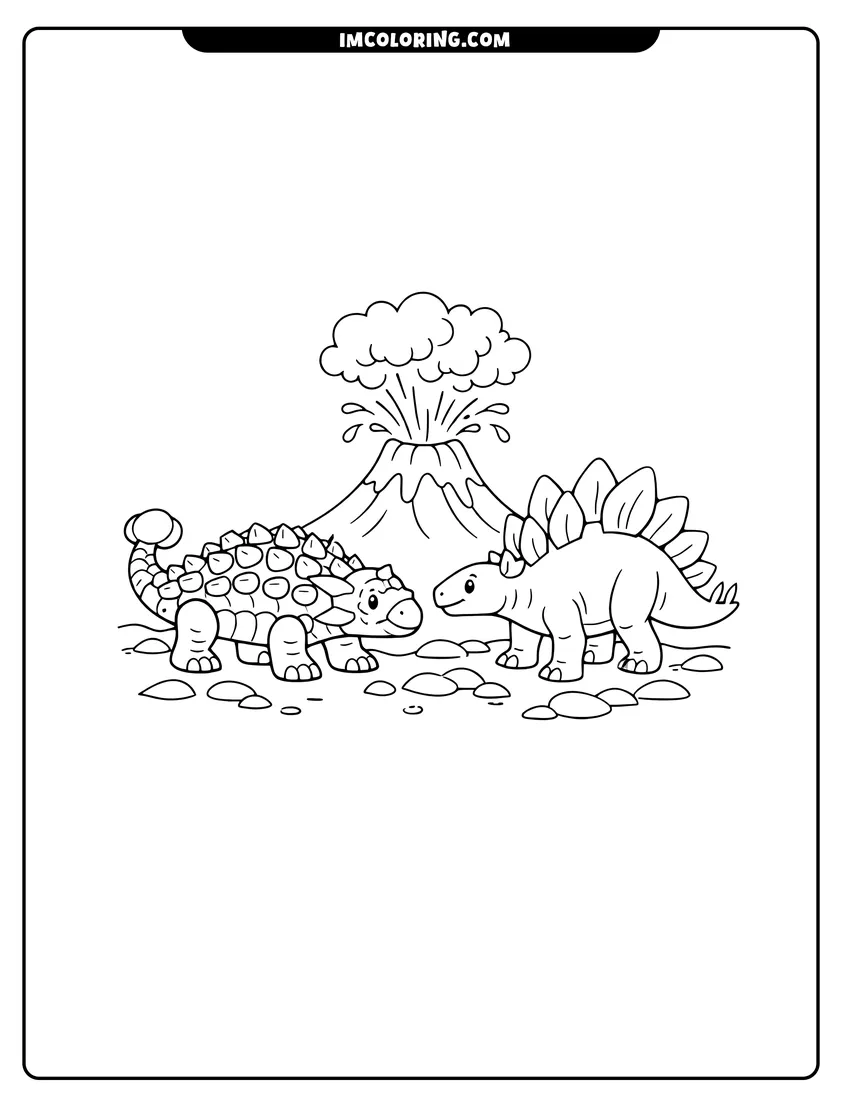 Kids activity sheet showing Ankylosaurus and Stegosaurus facing each other near a volcano