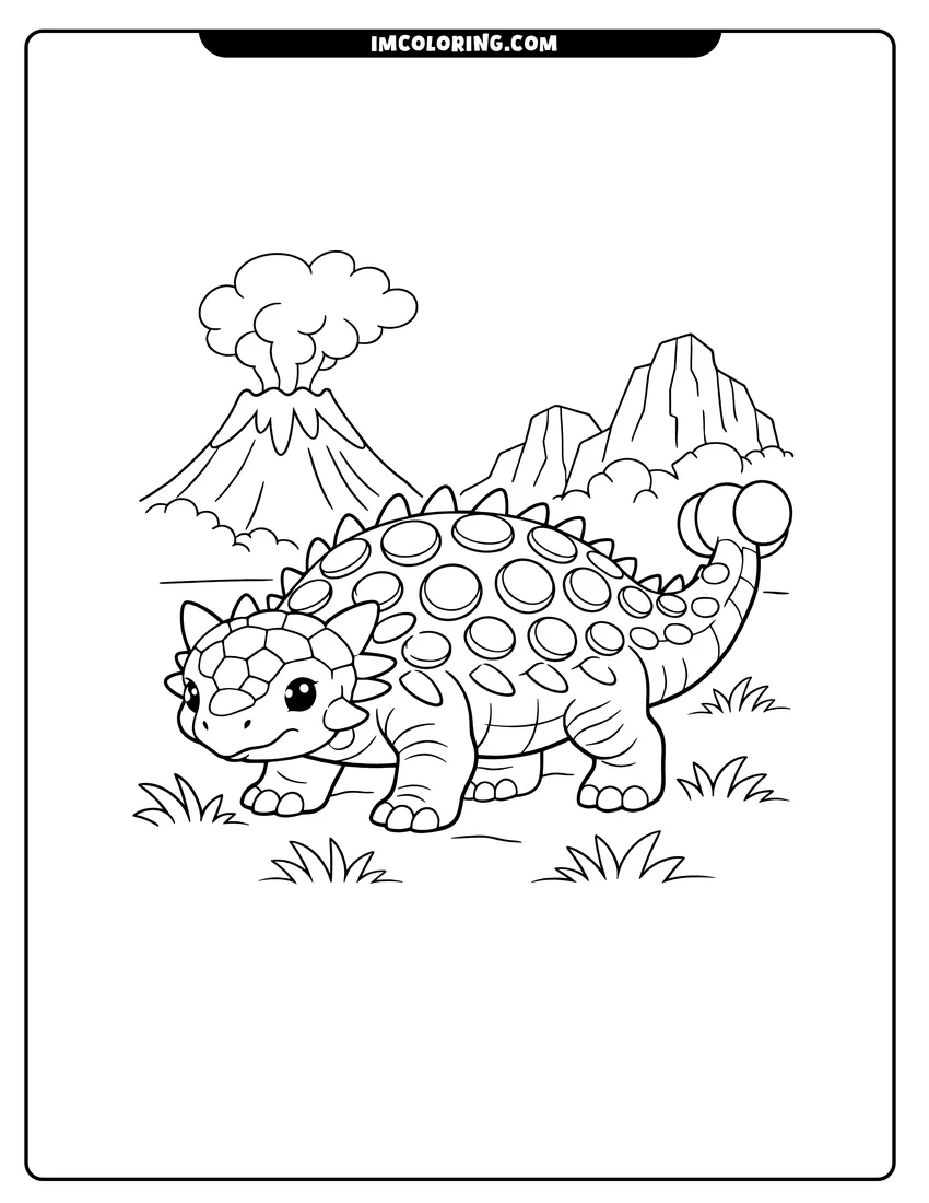 Easy-to-color Ankylosaurus standing in a field with a smoking volcano behind illustration