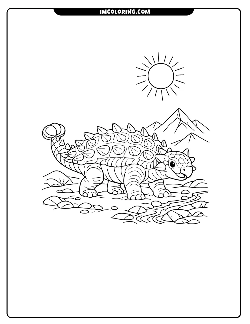 Coloring sheet of Detailed Ankylosaurus standing on a rocky plain near a stream for kids