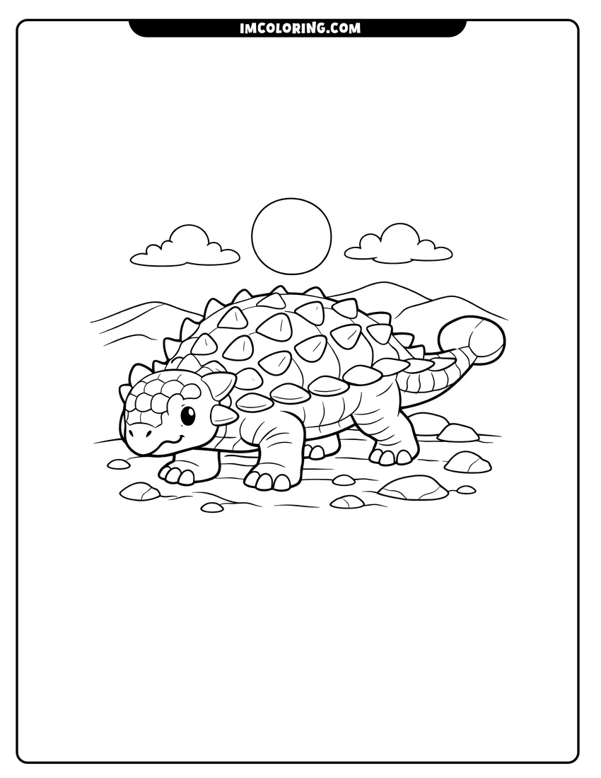 Printable Spiky Ankylosaurus walking on rocky ground under a bright sun coloring activity