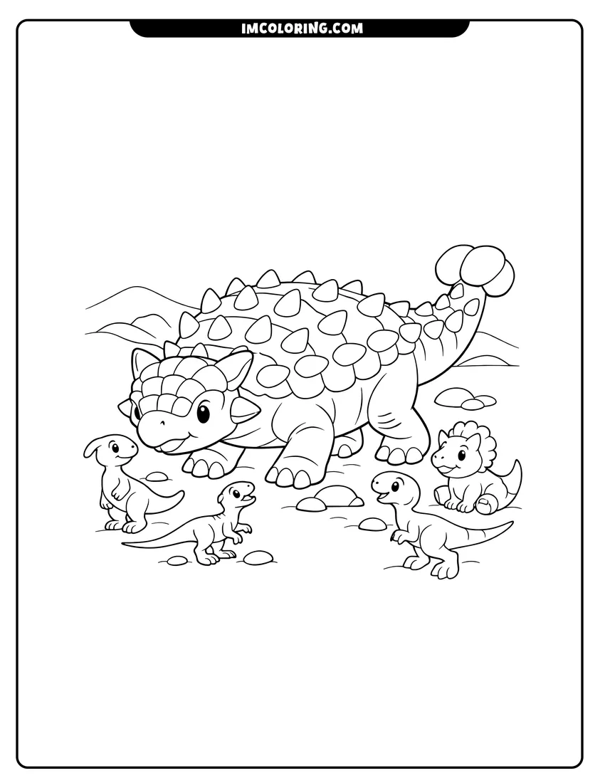 Detailed Large Ankylosaurus walking with small dinosaurs in prehistoric landscape design for coloring