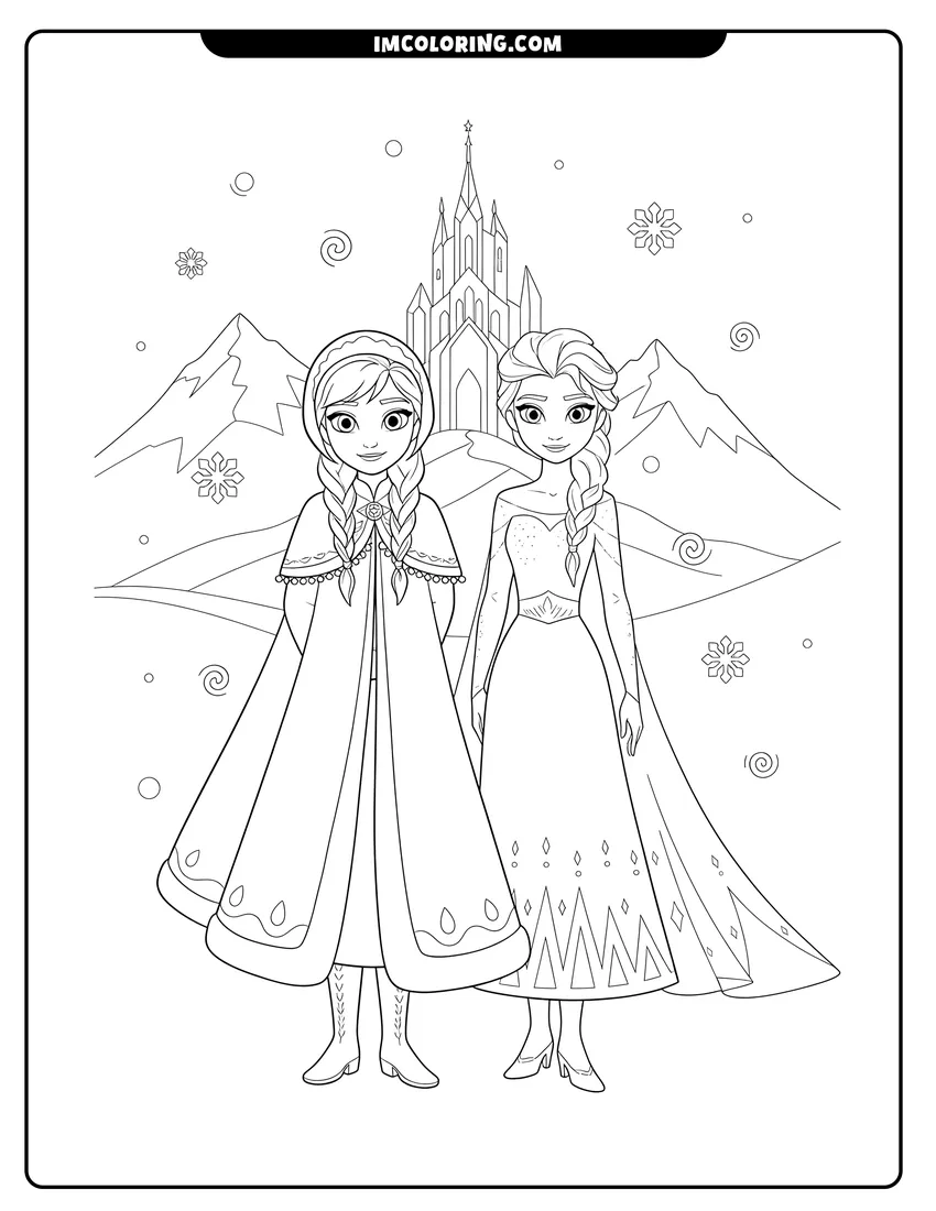 Detailed Anna and Elsa standing before a snowy mountain design for coloring
