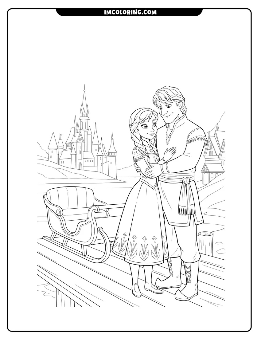 Easy-to-color Anna and Kristoff embracing near a sleigh and dock illustration