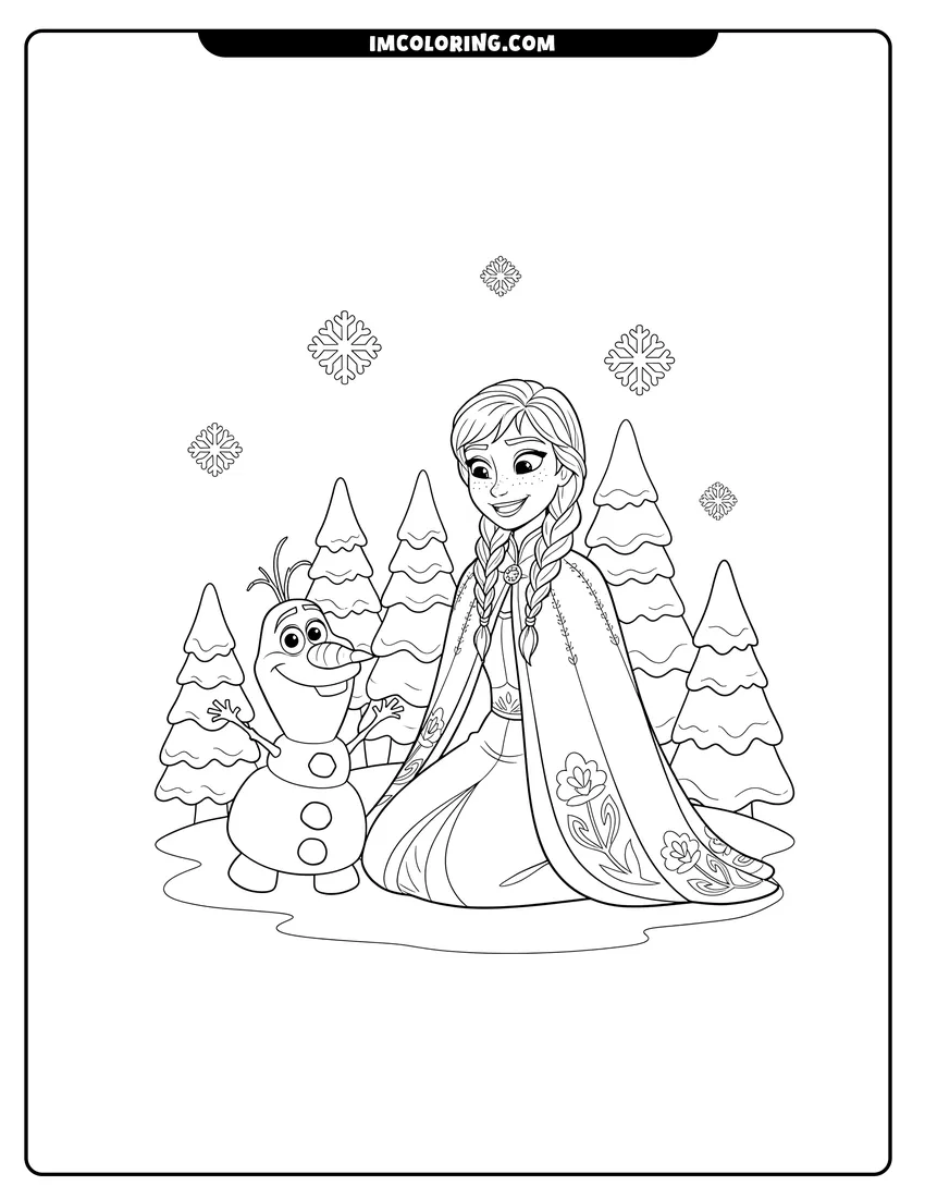 Kids activity sheet showing Anna kneeling in the snow next to Olaf