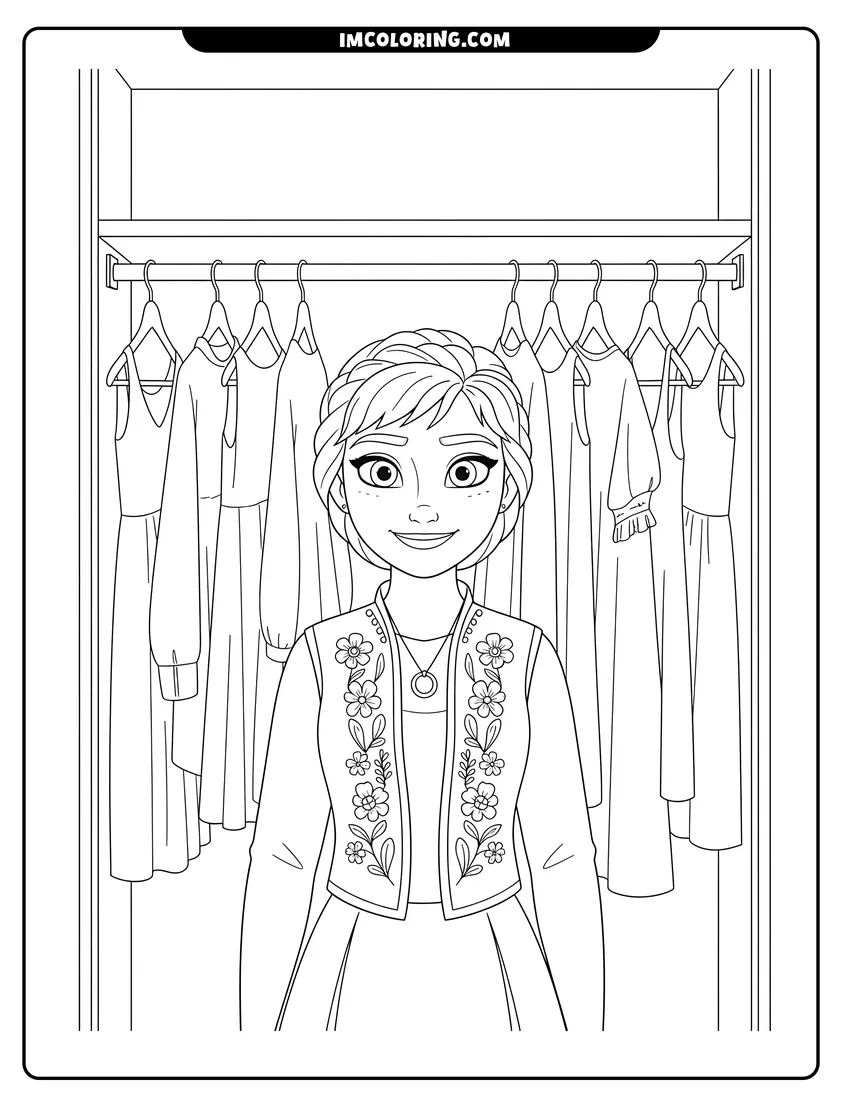 Cute Anna standing in a closet with floral vest outline for coloring