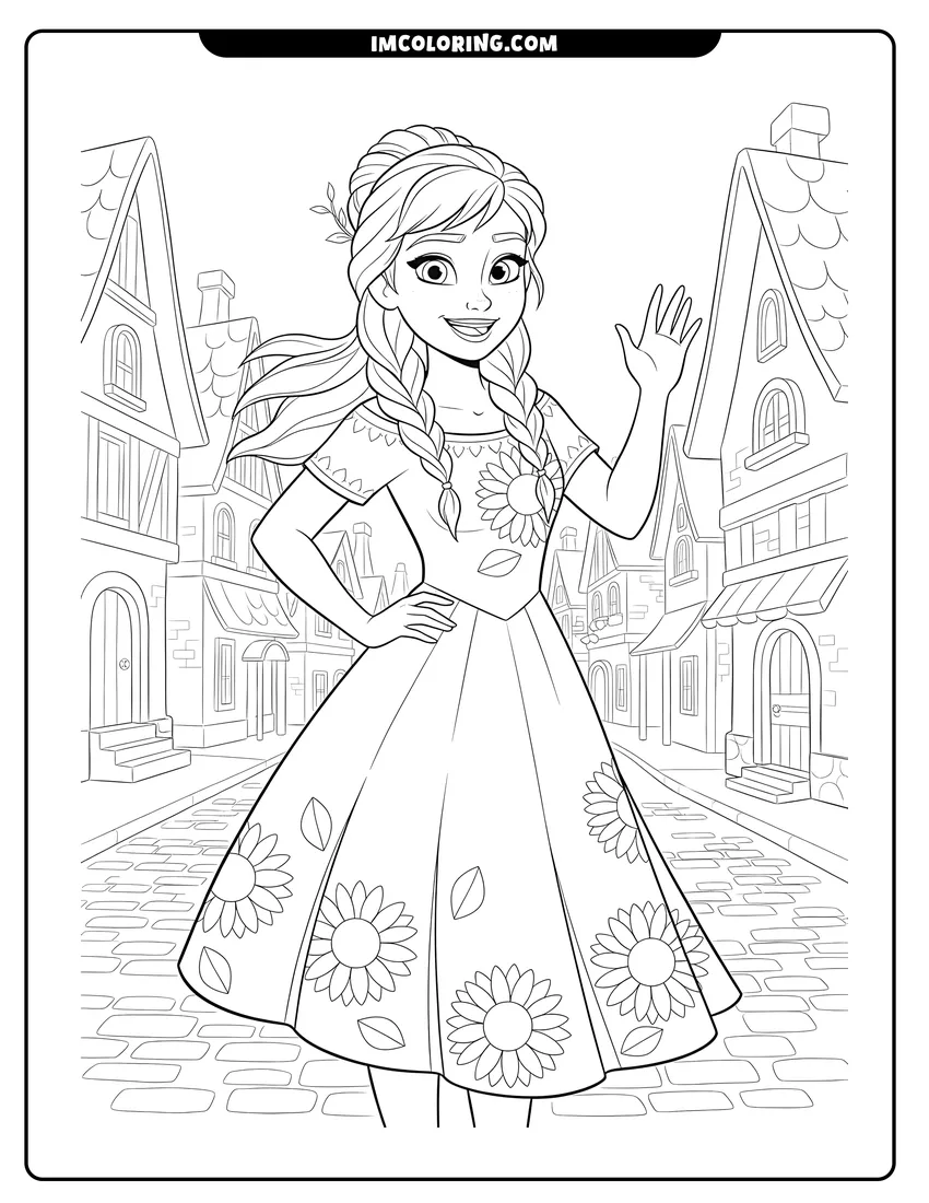 Simple sketch of Anna wearing a sunflower dress in the city street for children