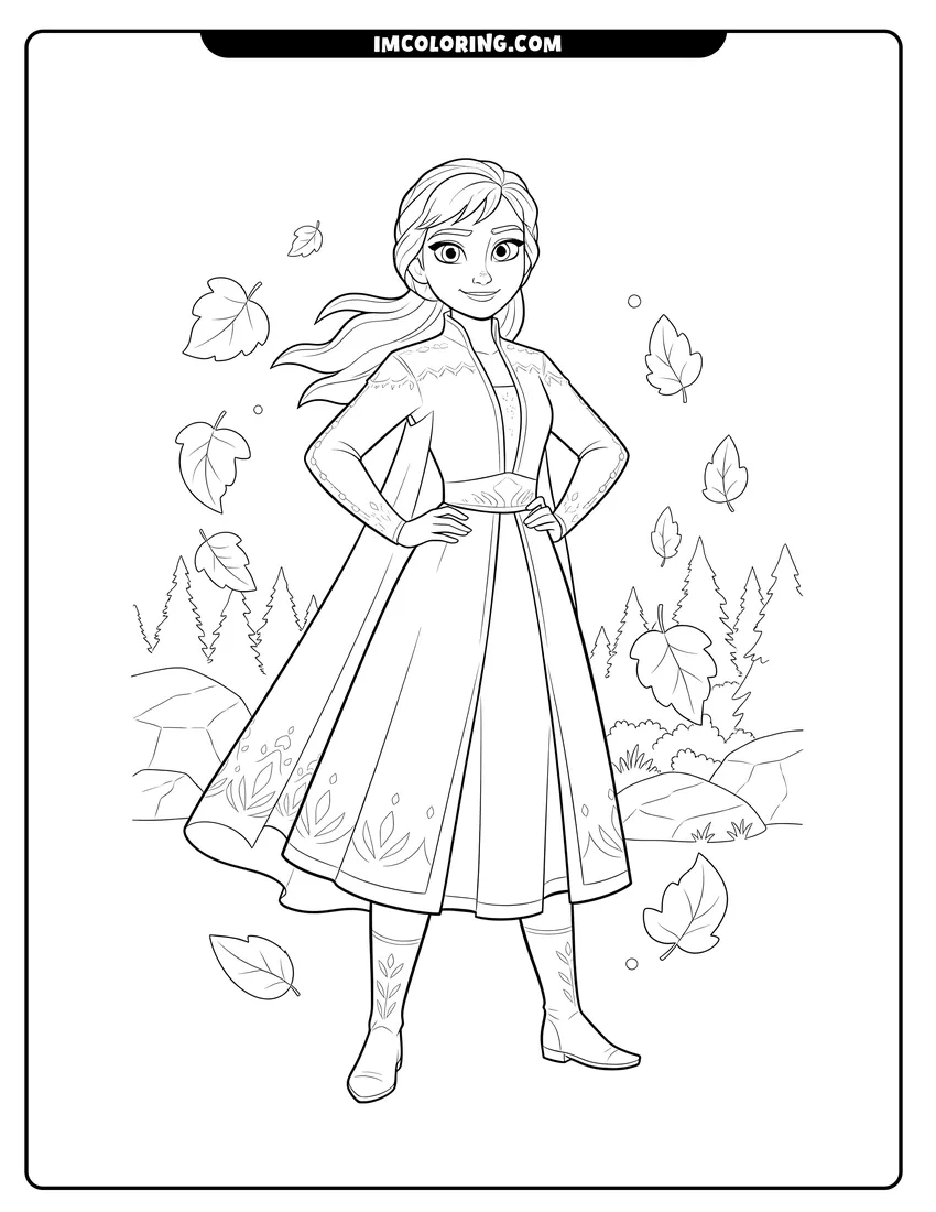 Printable coloring page featuring Anna in travel clothes surrounded by falling leaves