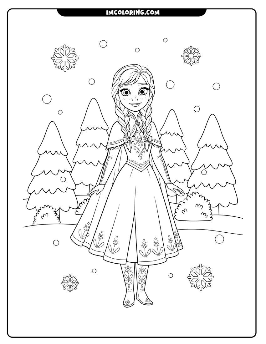 Black and white Anna with braids in a snowy landscape with trees coloring sheet