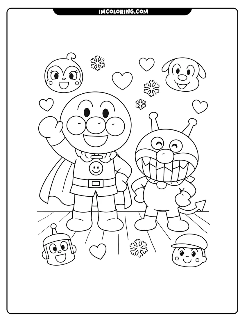 Black and white Anpanman and Baikinman standing together with heart decorations coloring sheet