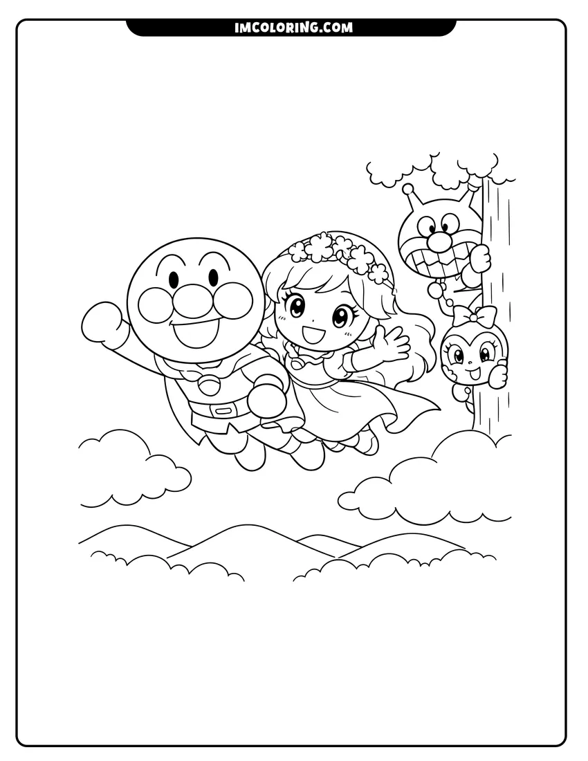 Black and white Anpanman flying with Princess Cloverlove near a tree coloring sheet