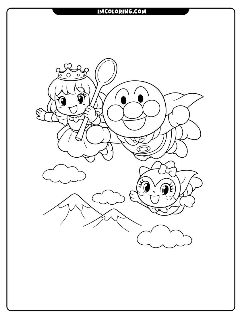 Printable outline of Anpanman, Princess Vanilla, and Kokinchan flying