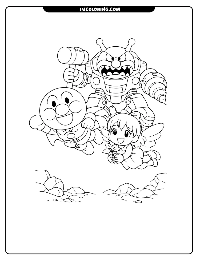 Coloring sheet of Anpanman and Rinrin flying away from Baikinman's robot for kids