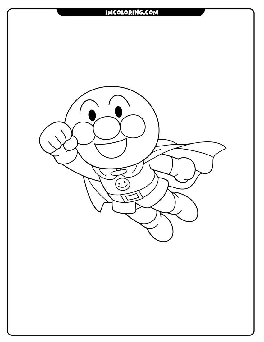 Simple line drawing of Anpanman flying forward with a raised fist