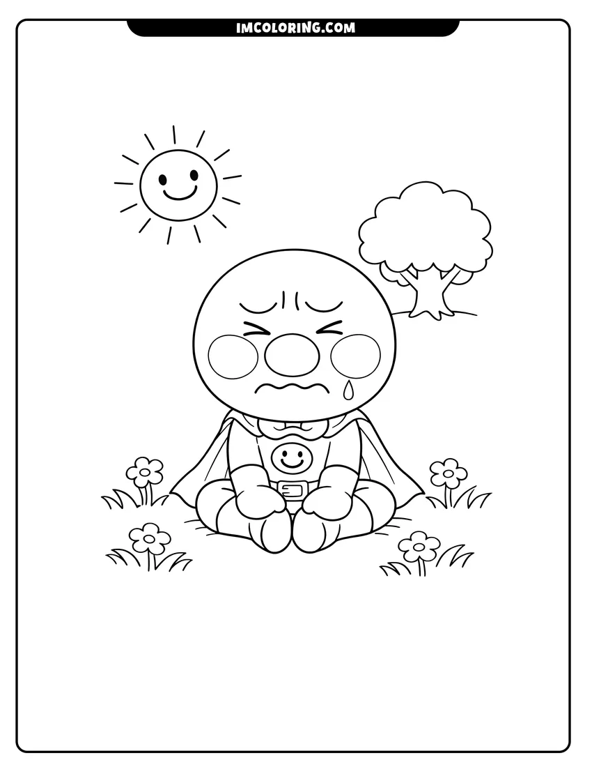 Simple sketch of Hero character sitting in a field with a tree for children