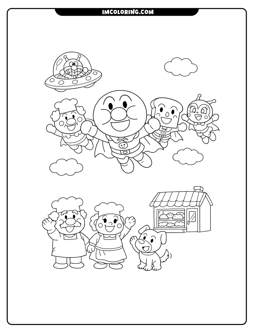 Kawaii style Anpanman and many friends flying over a bakery coloring picture