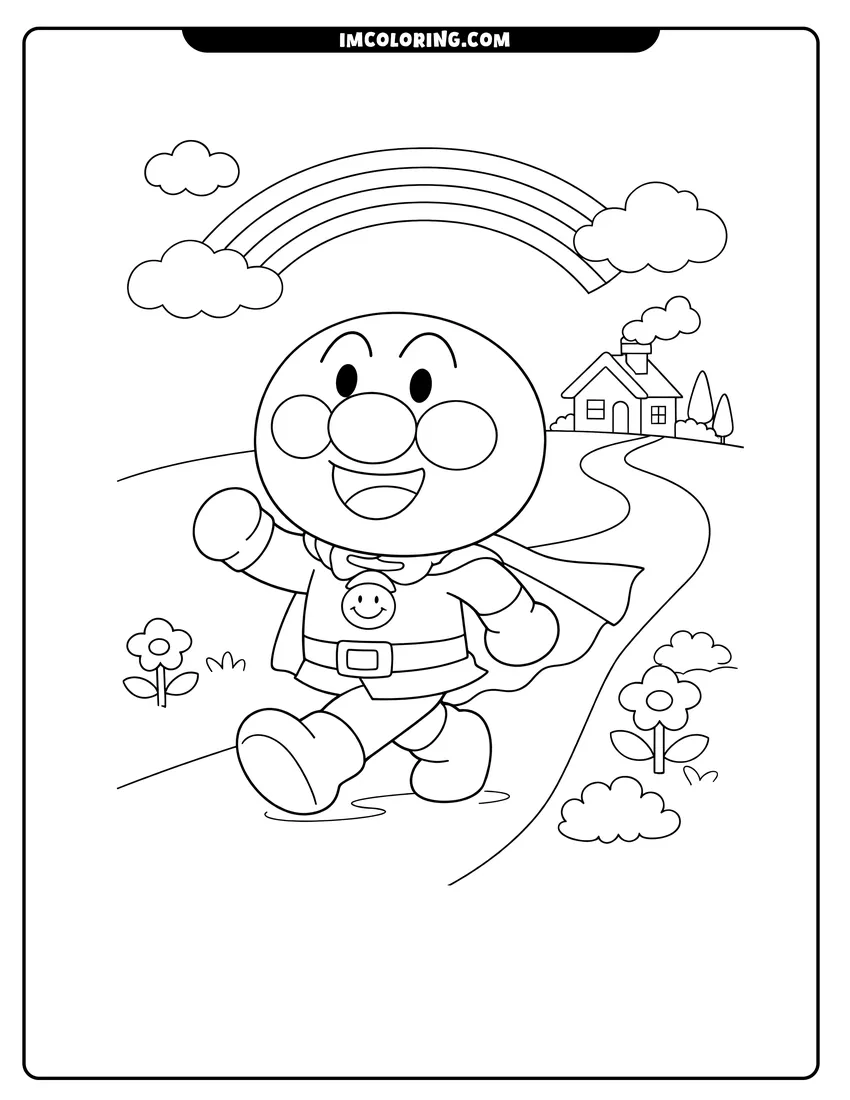 Anpanman marching on a path with a rainbow drawing meant for coloring