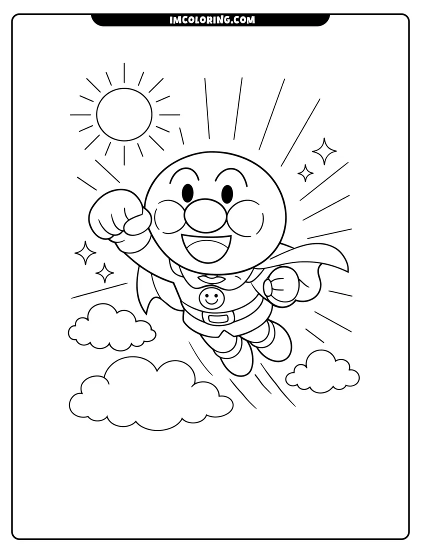 Scene showing Anpanman flying through clouds with sun rays to color