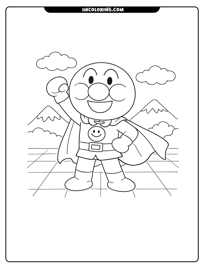 Detailed Anpanman posing in front of mountains and clouds design for coloring