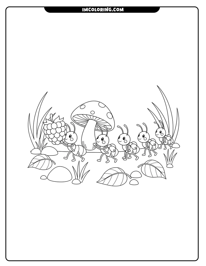 Simple line drawing of Line of ants carrying a raspberry and mushroom
