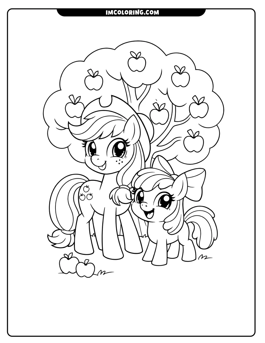 Printable Applejack and Apple Bloom standing near a large apple tree coloring activity