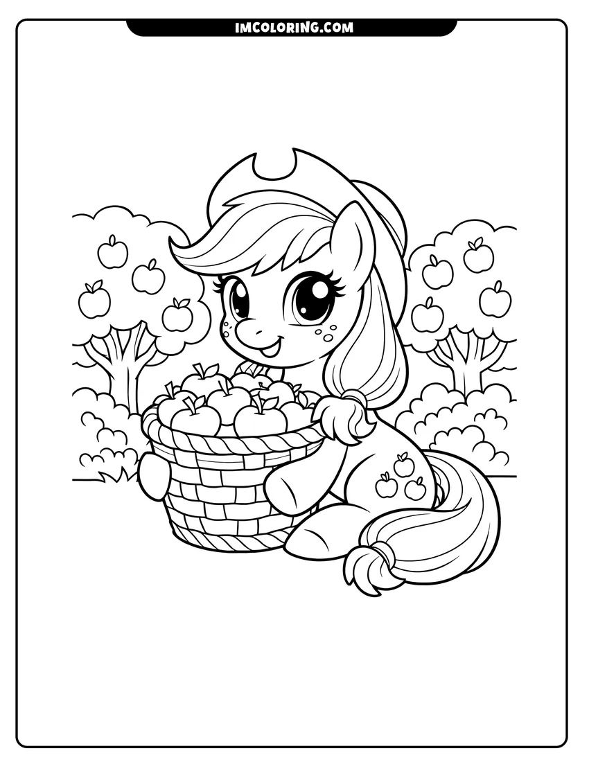Applejack sitting with an overflowing basket of apples coloring page for preschoolers