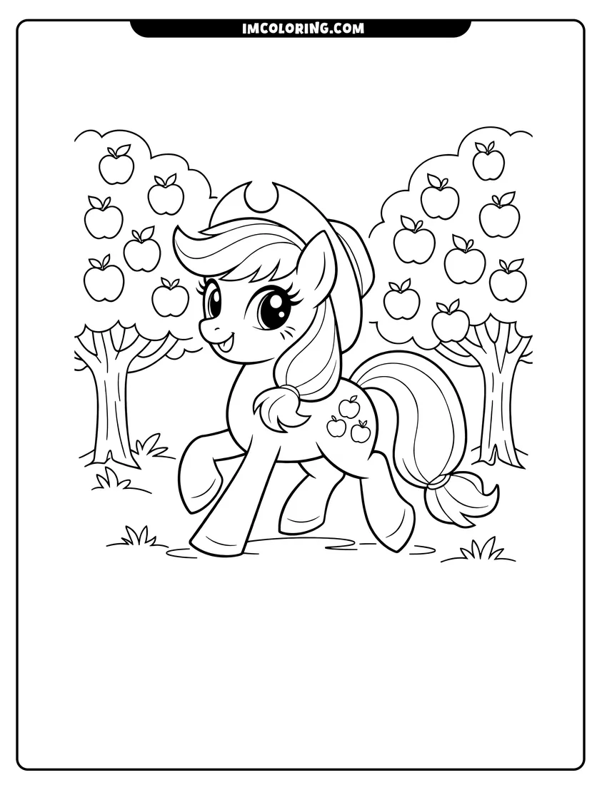 Coloring sheet of Applejack trotting through an orchard full of apple trees for kids