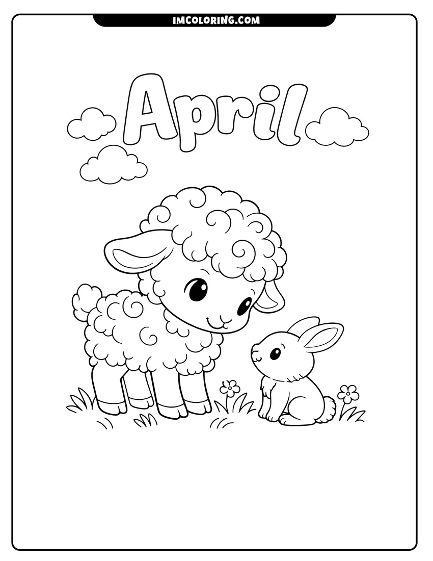 Line art depicting Fluffy lamb and tiny rabbit in a grassy field