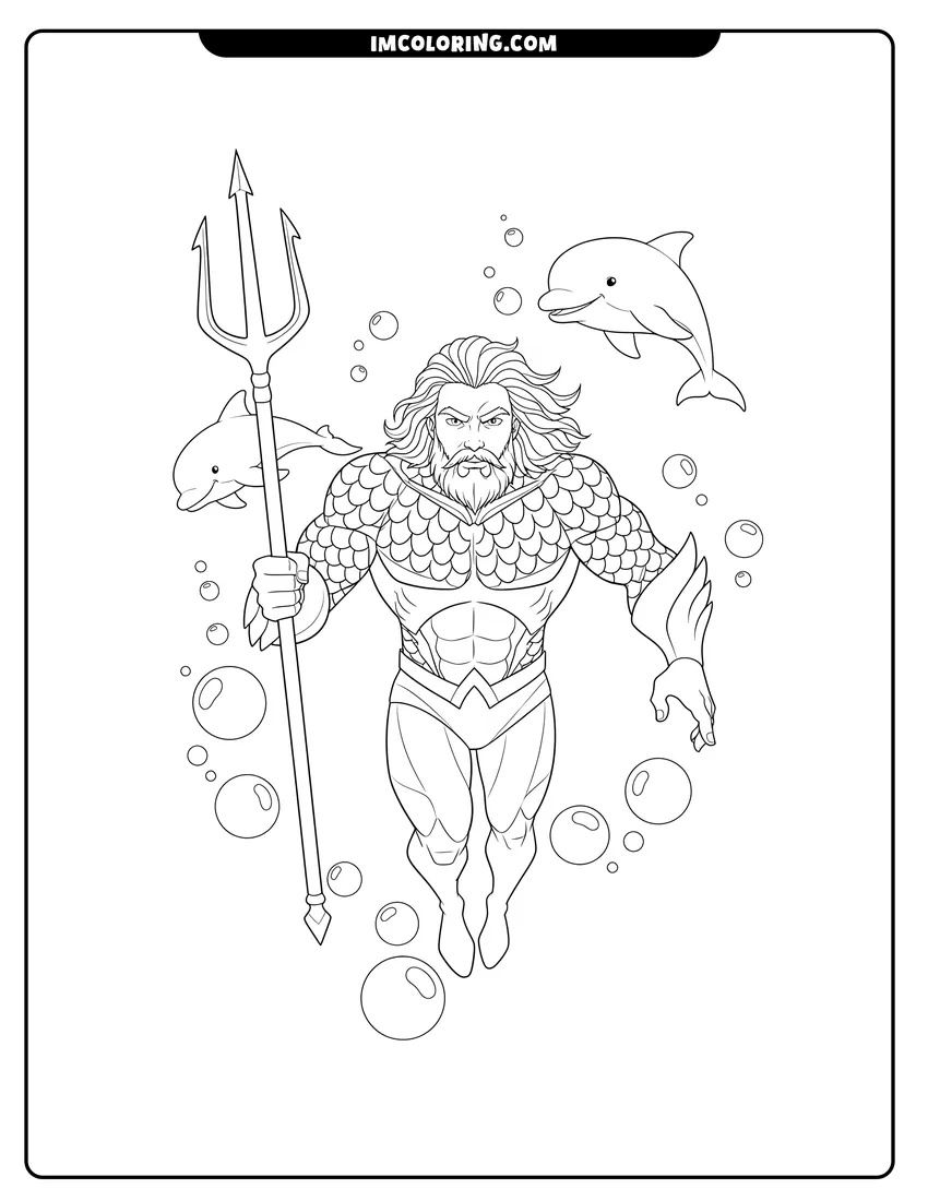 Scene showing Aquaman swimming underwater with two small dolphins to color