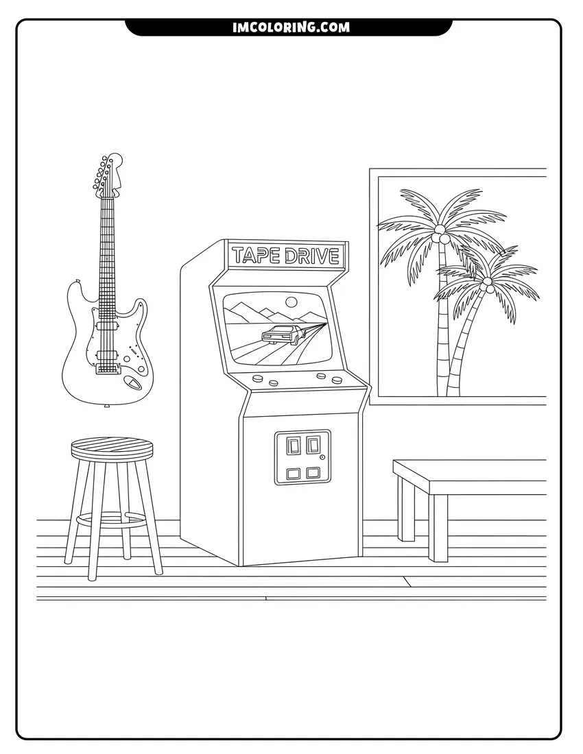 Coloring page of Vintage arcade cabinet with racing game and electric guitar