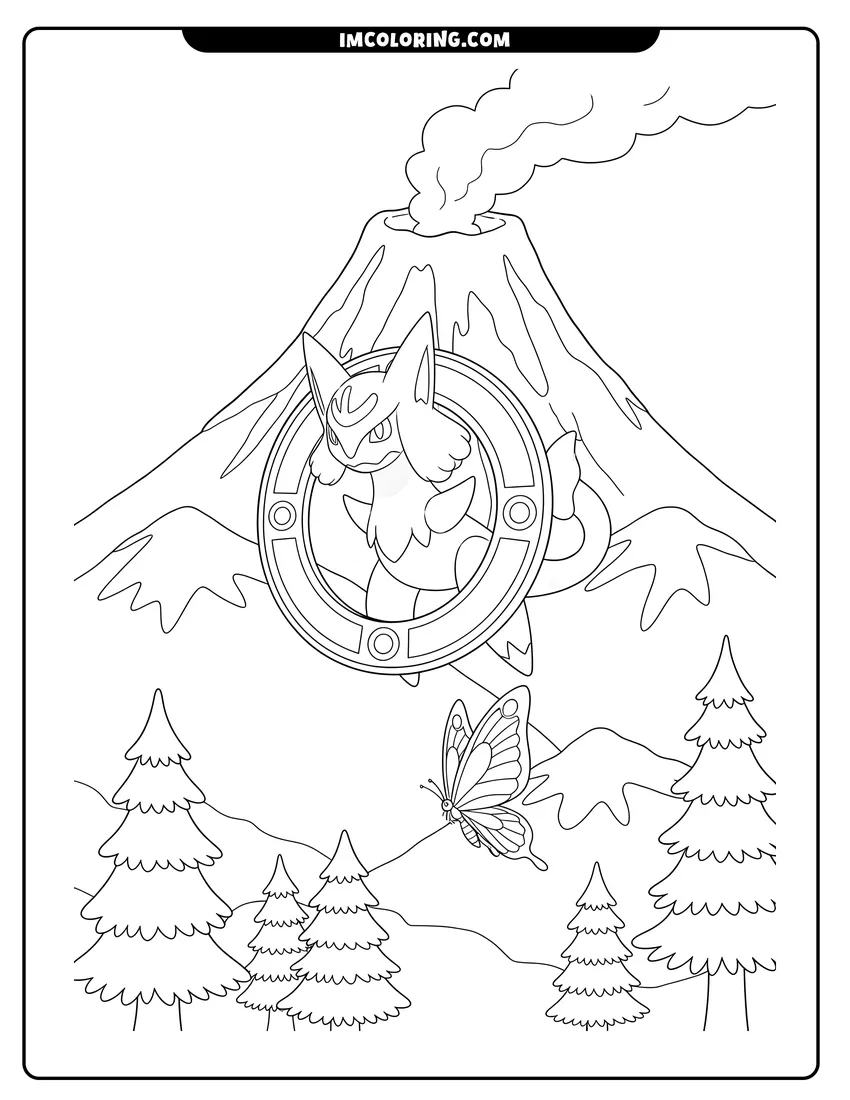 Printable outline of Arceus floating over a mountain landscape with a volcano