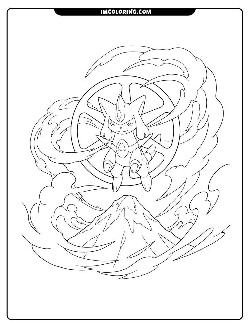 Black and white Arceus VSTAR hovering over mountain peaks with energy clouds coloring sheet