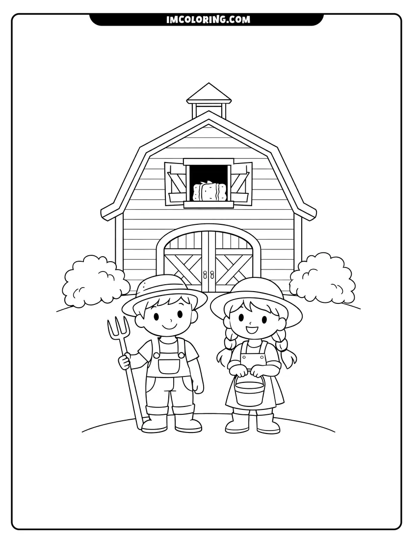 Printable coloring page featuring Wooden barn with arched double doors and hayloft window
