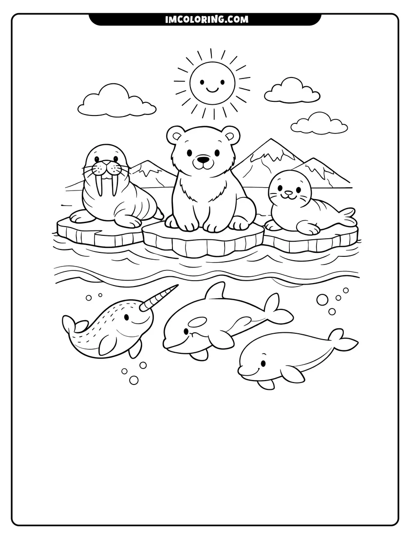 Line art depicting Polar bear, walrus, and whales near ice floes