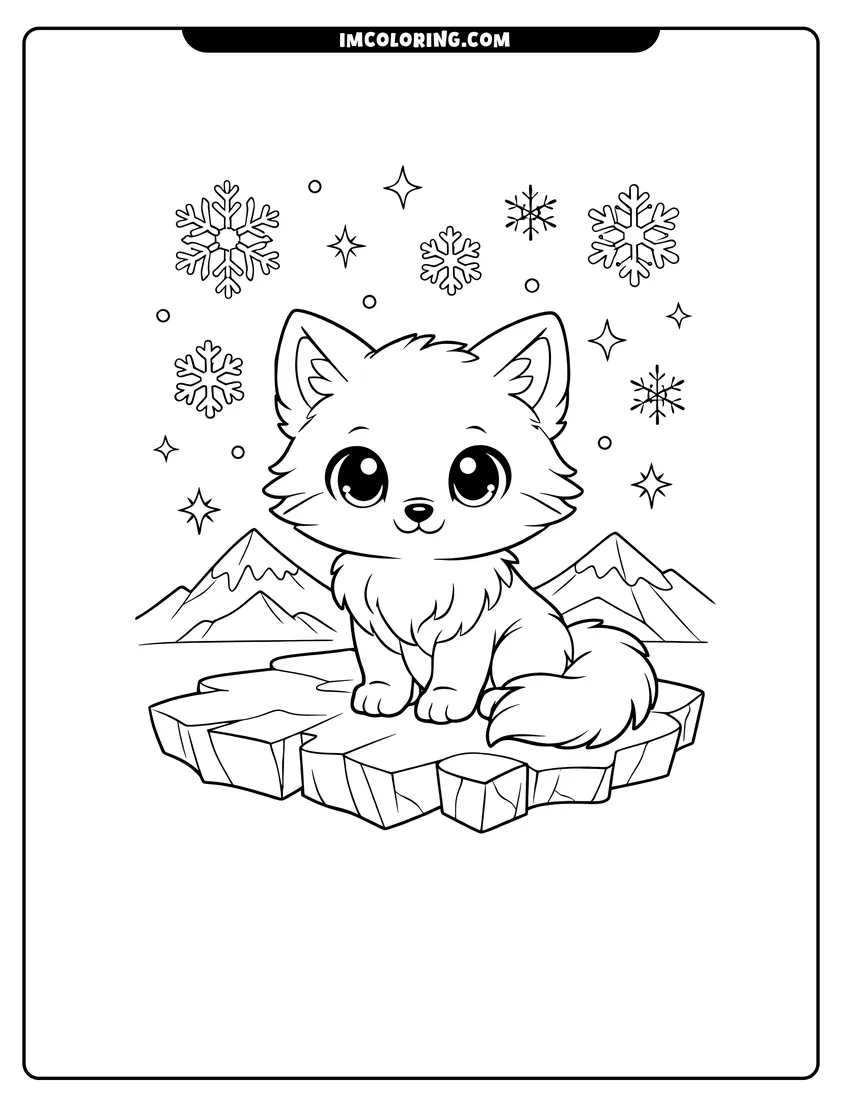 Detailed Arctic fox cub sitting on a jagged ice floe design for coloring