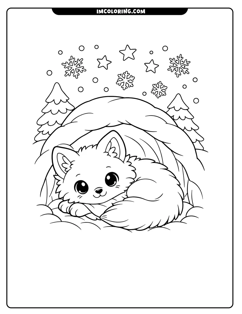 Easy-to-color Arctic fox curled up inside a snow den illustration
