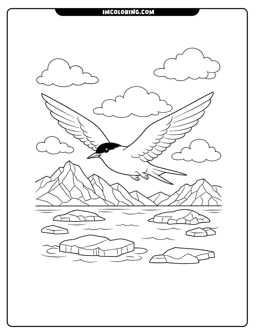 Arctic tern soaring over a glacial bay coloring page for preschoolers