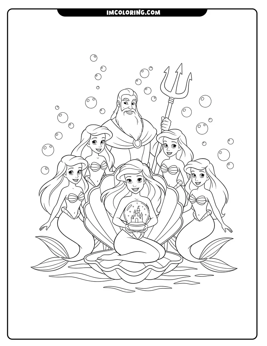 Printable coloring page featuring Ariel with King Triton and her six sisters underwater