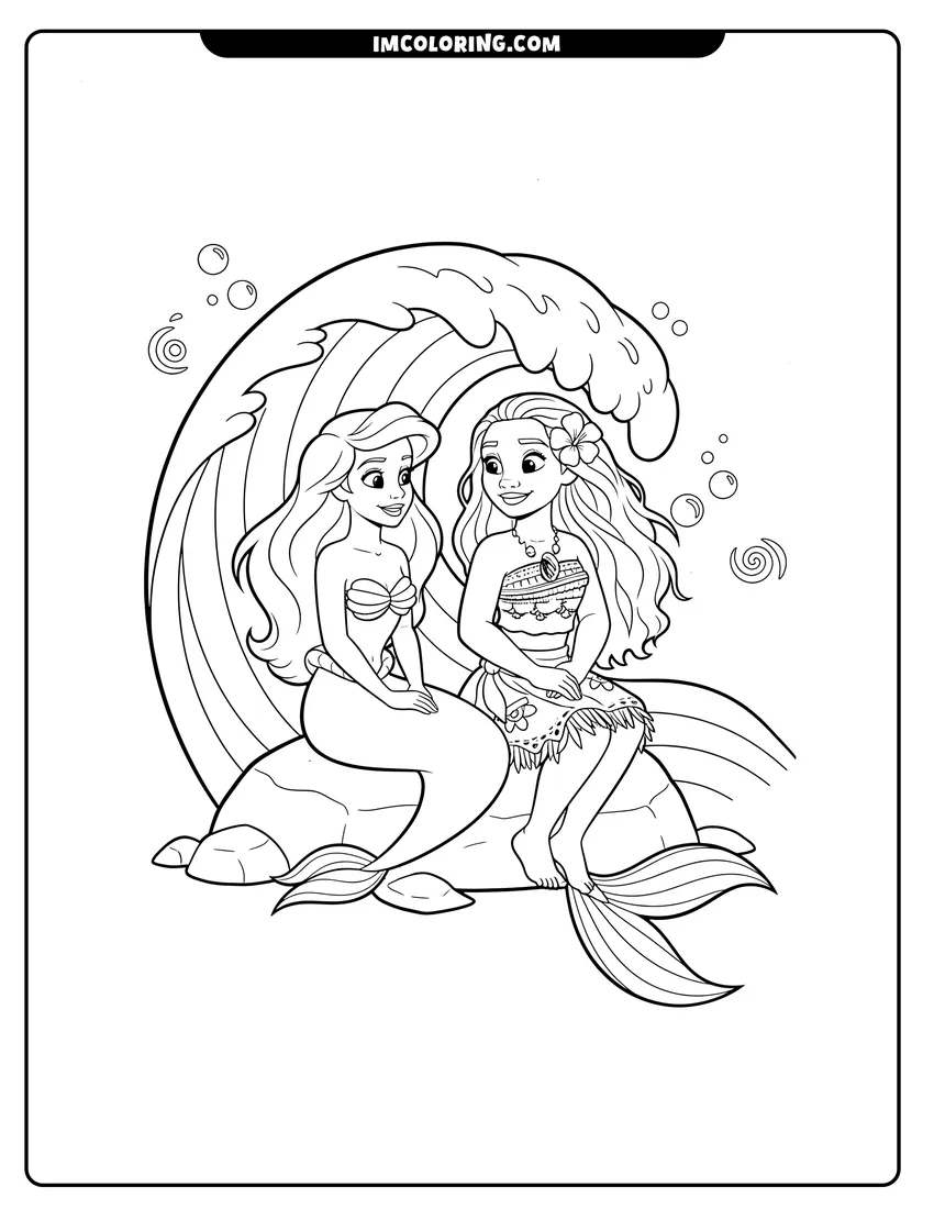 Kids activity sheet showing Ariel and Moana sitting on a rock together
