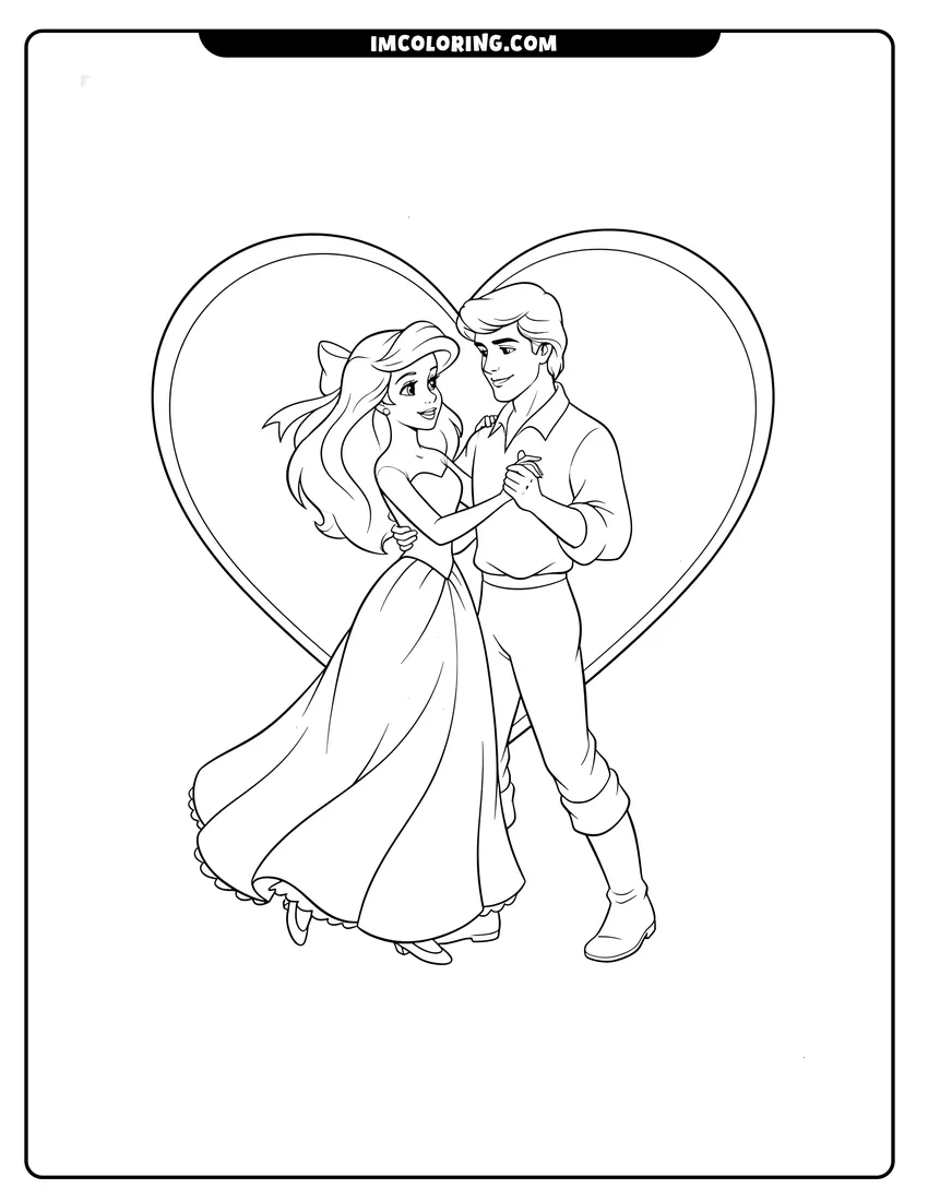 Illustration of Ariel and Prince Eric dancing inside a heart ready for painting