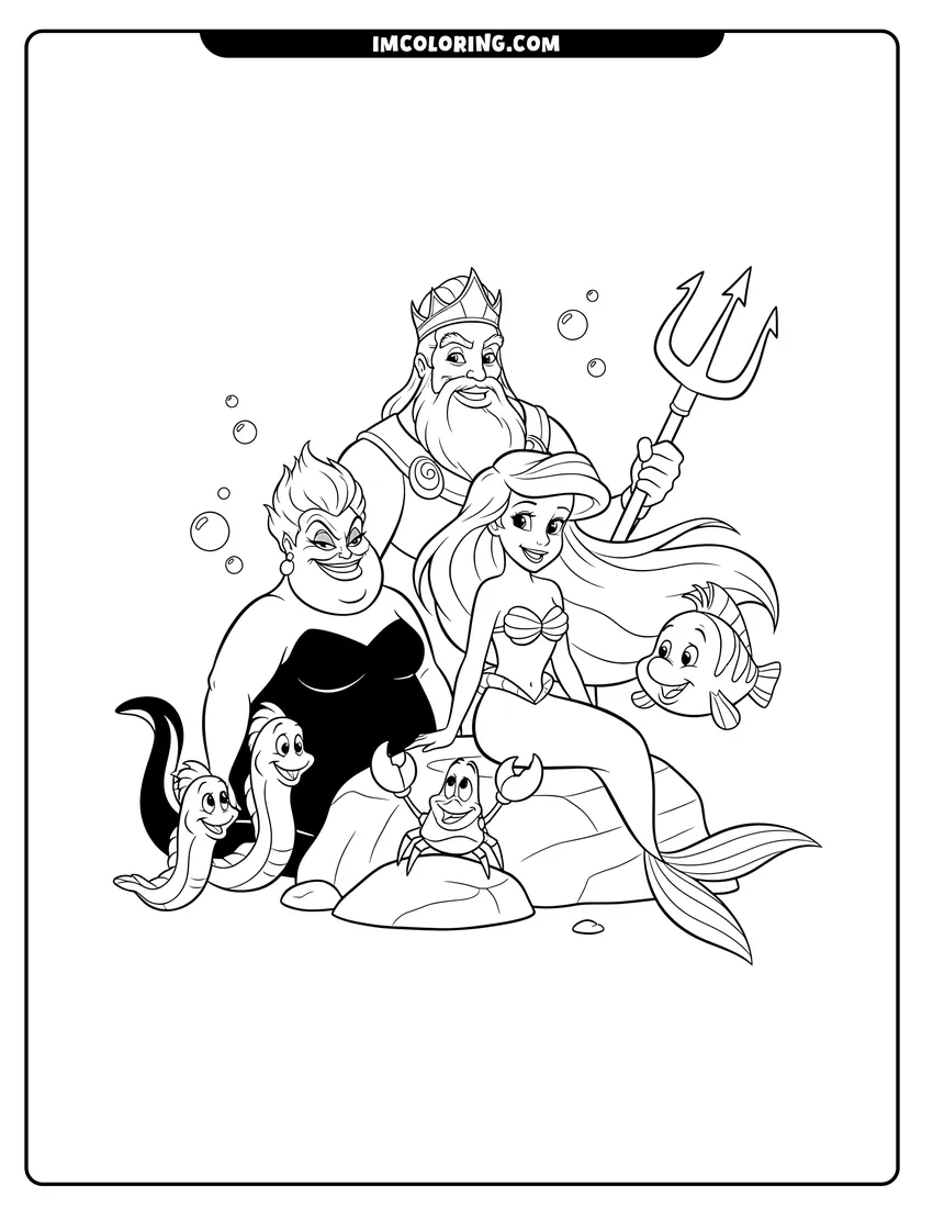 Simple line drawing of Ariel with Triton, Ursula, Sebastian, and Flounder