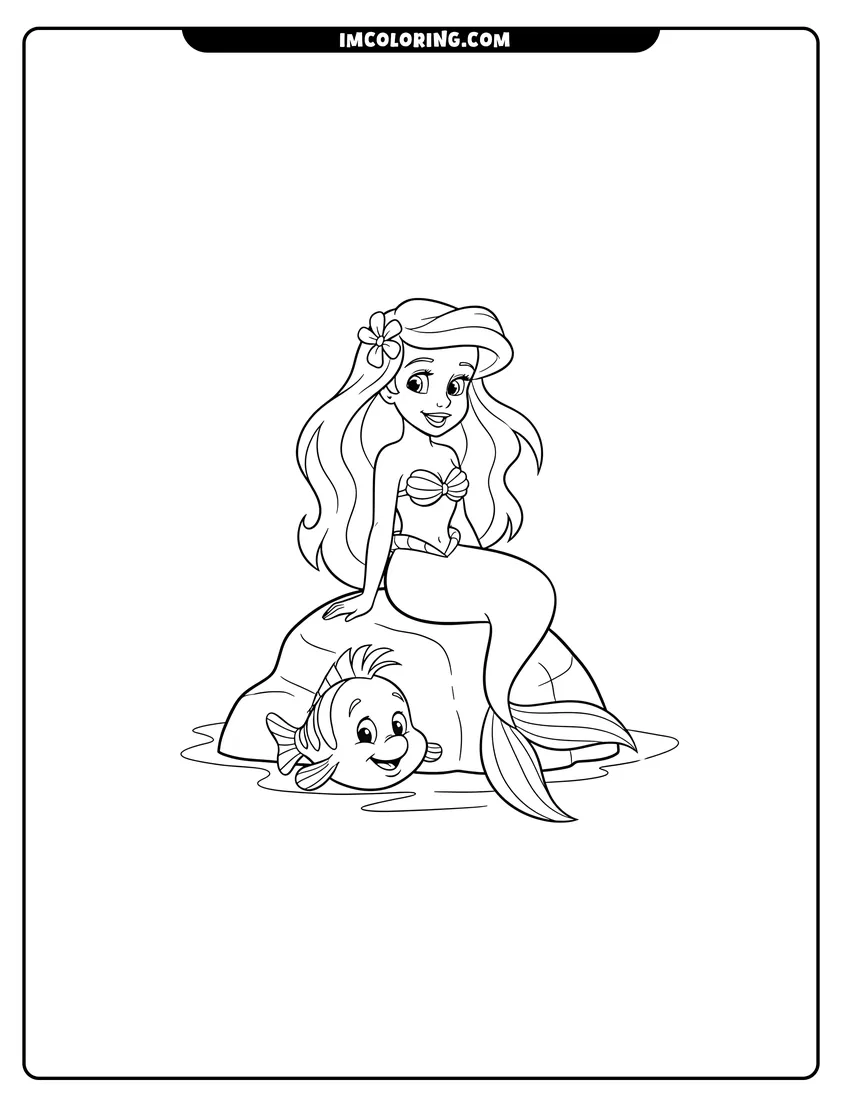 Simple line drawing of Ariel sitting on a rock talking to Flounder